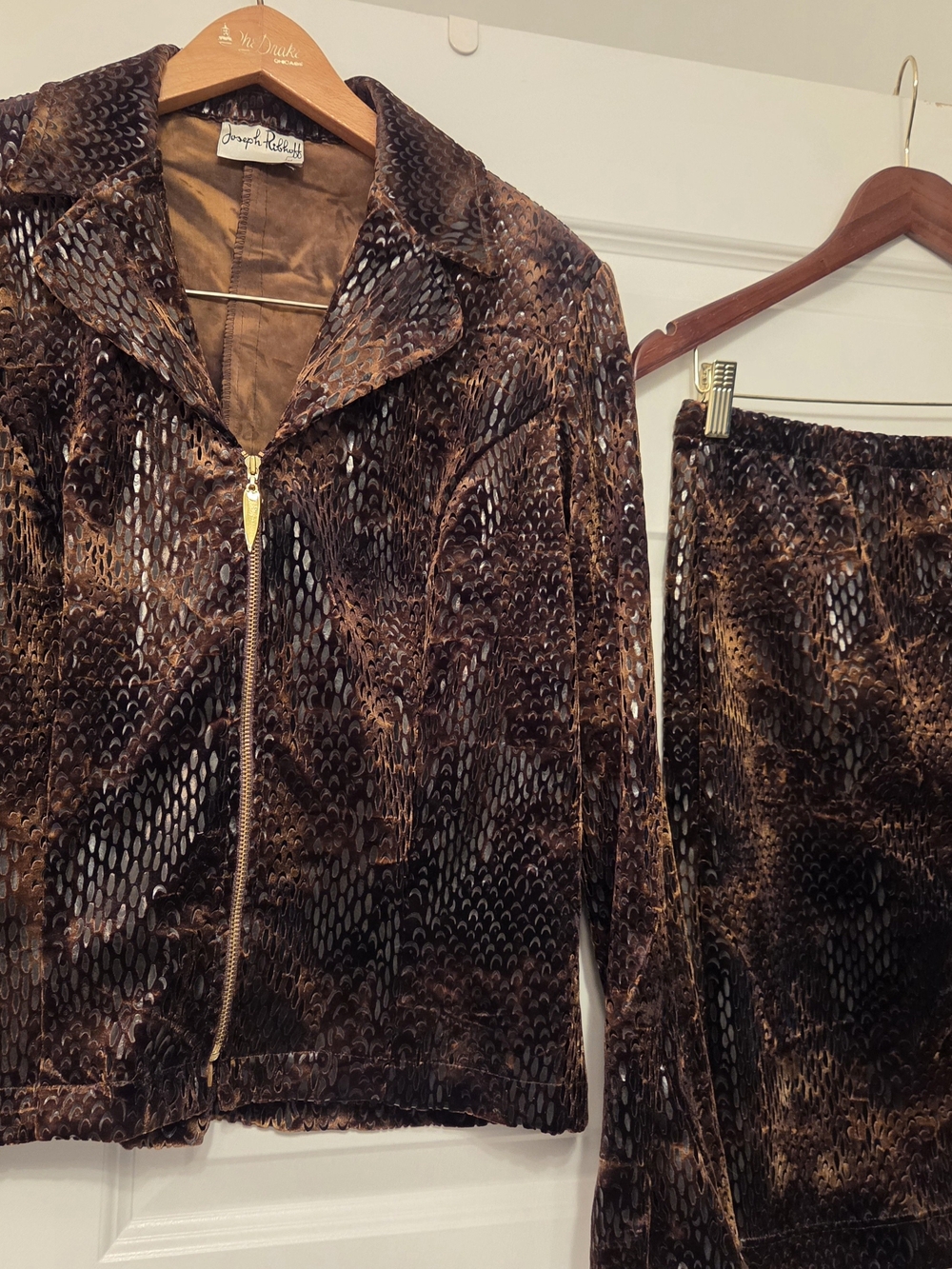 Joseph Ribkoff Brown Patterned Velvet And Sequin Zip Jacket And Skirt
